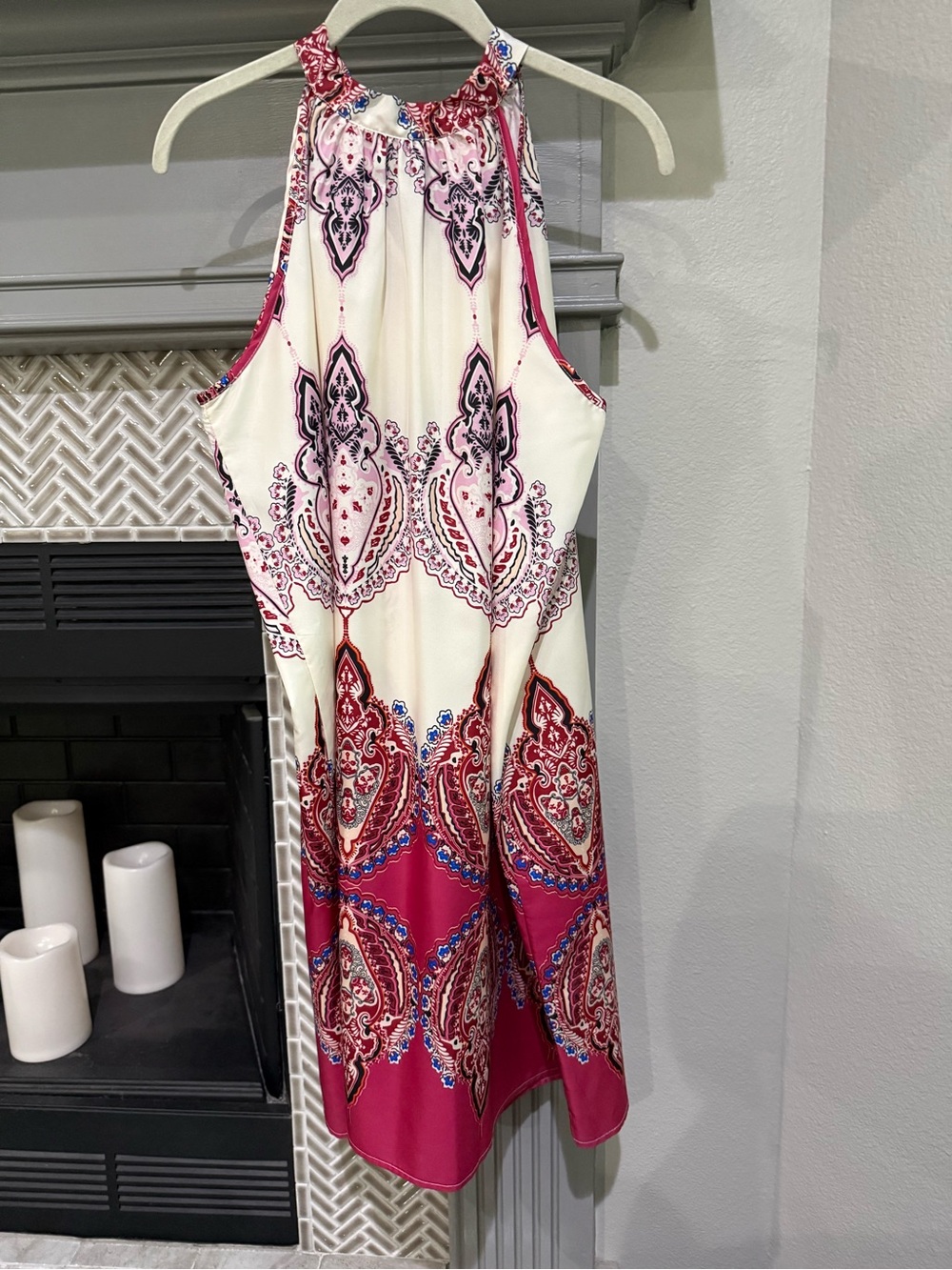 SHEIN Cream and Magenta Paisley Halter Dress